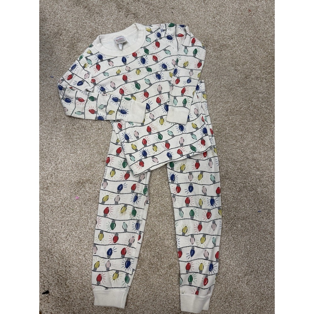 Hanna Andersson PJ Set Kids 110 US 5 Cream Christmas Lights LS Shirt Pants